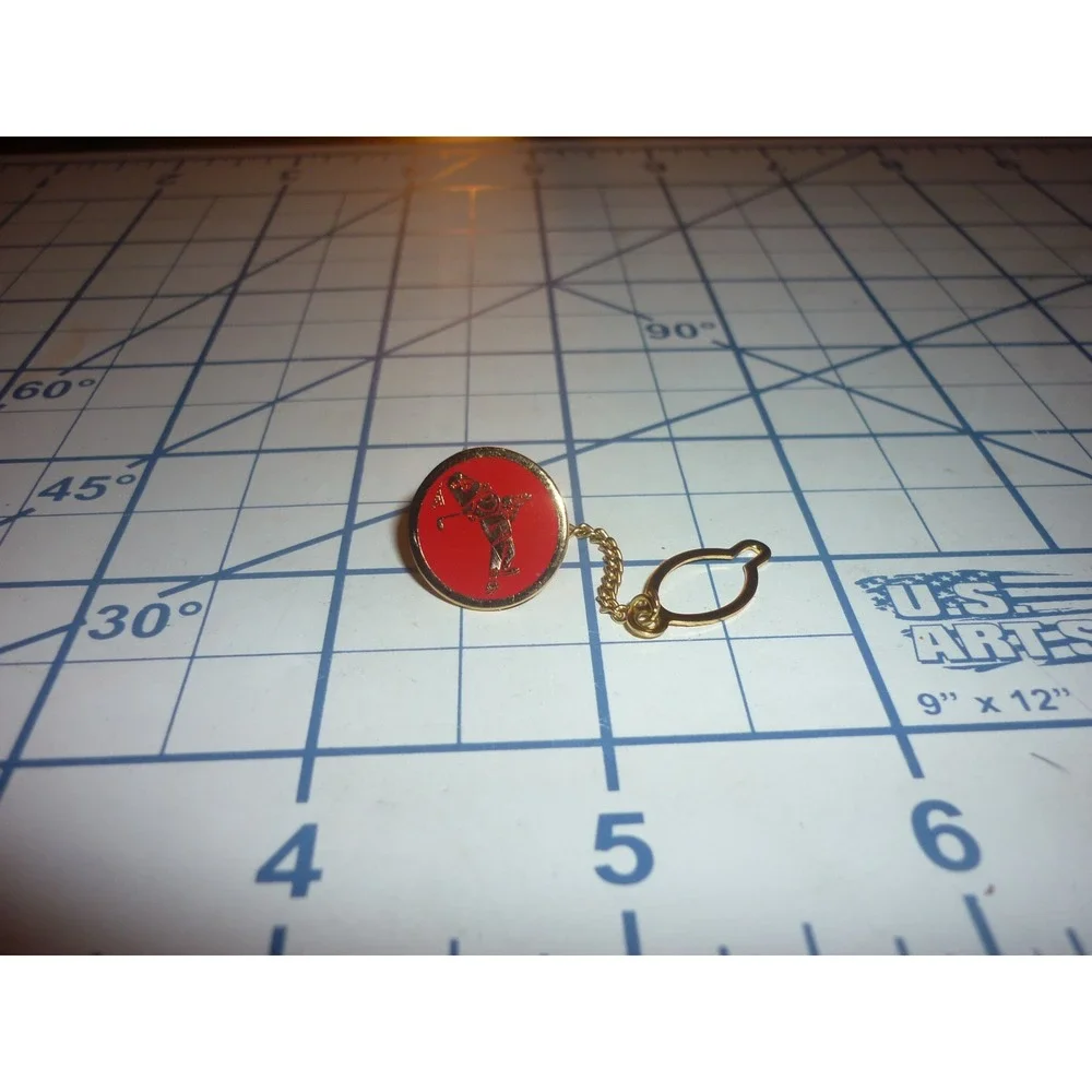 Vintage Golfer Tie Tac Pin Red Enamel Gold Tone Golf Swing Chain Button Loop